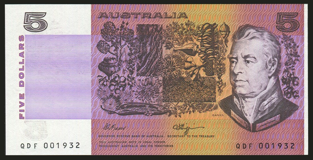 Australia - $5 - Fraser / Higgins - First Prefix - QDF001932 - Unc