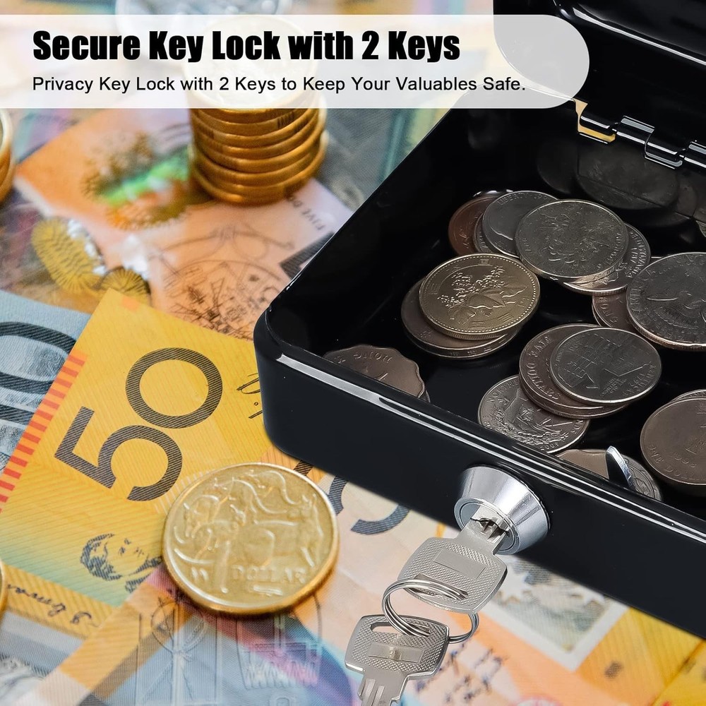 Portable Black Cash Box with Key Lock - Secure and Compact Storage Solution