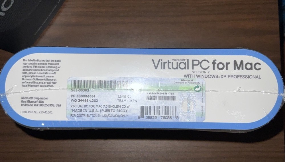NEW Microsoft Virtual PC version 7 for Mac w/Windows XP Professional 2004