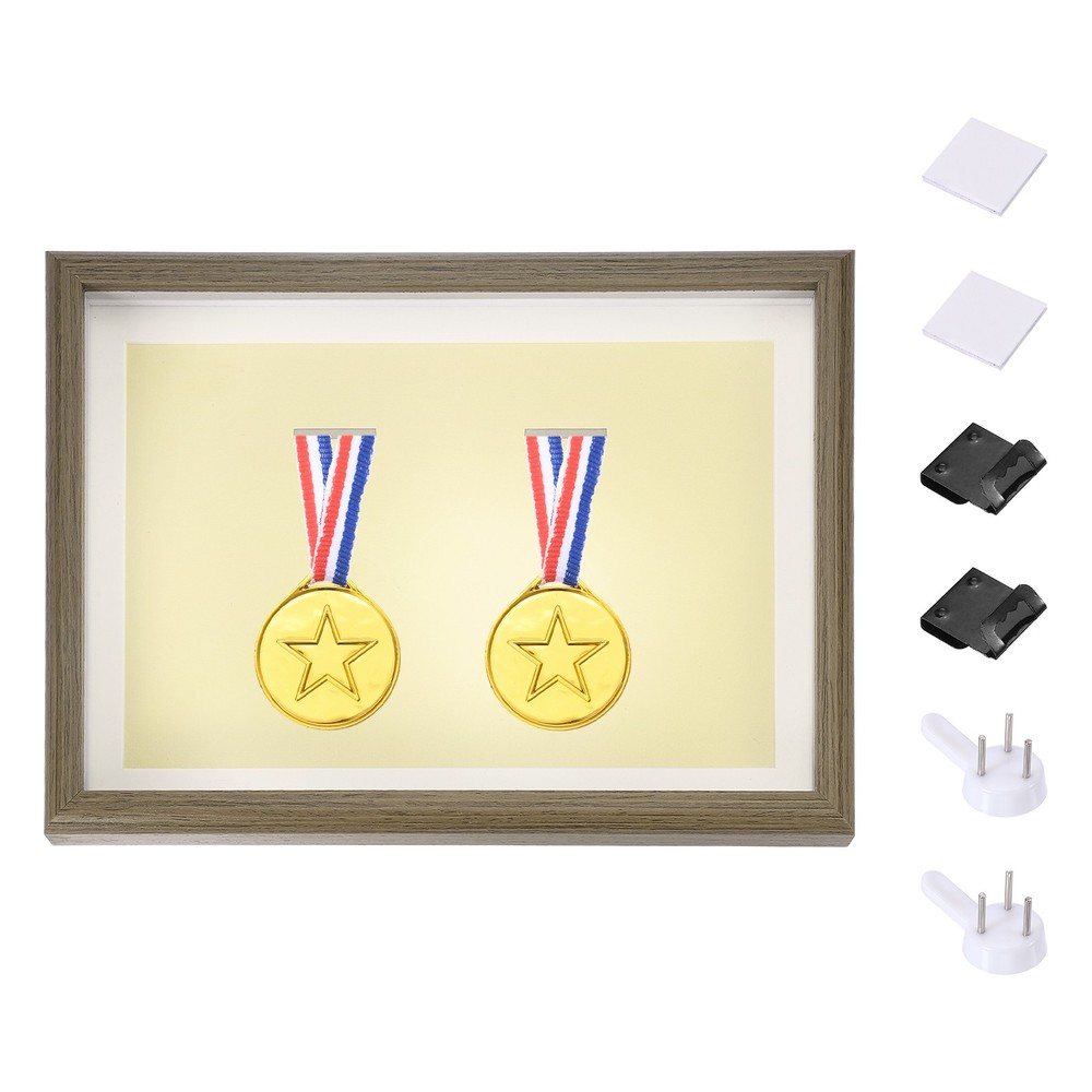13x9" Horizontal Shadow Box Frame with Push Pins Adhesive, Walnut Color