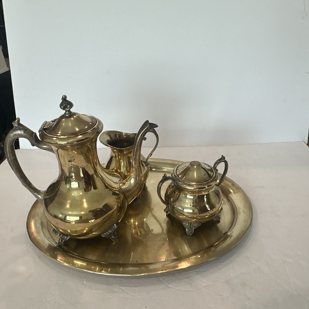 ETCHED BRASS TEA/COFFEE SET WITH TRAY. Good Condition