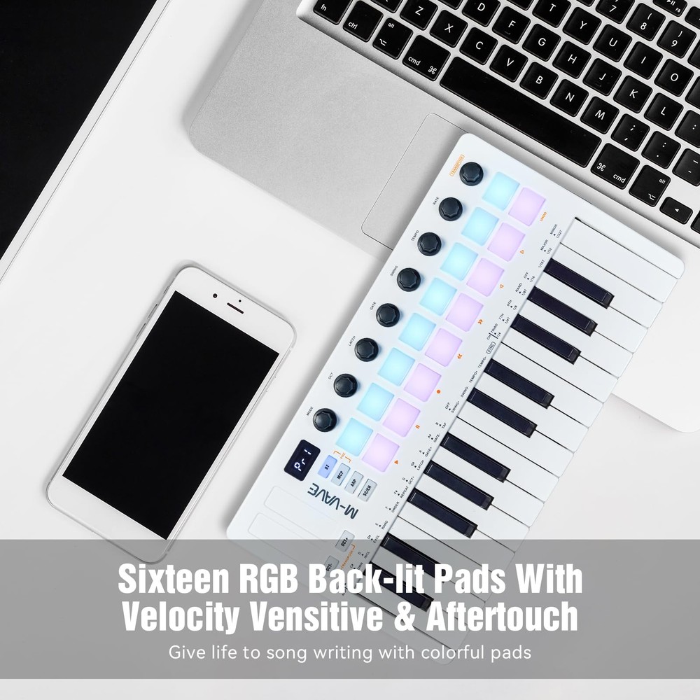 25 Key USB MIDI Keyboard Controller Wireless Bluetooth 16 Backlit Drum Pads, ...