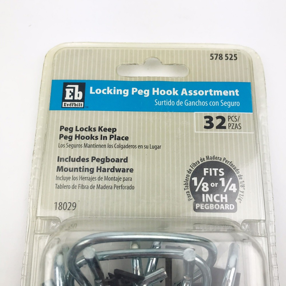 Everbilt Locking Peg Hook Assortment 1/8 & 1/4 Pegboard 32 Pcs Mounting Hardware
