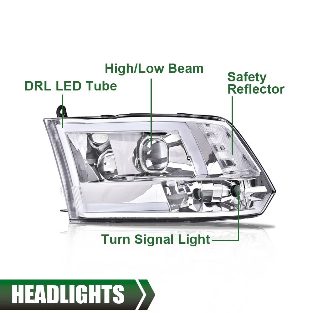Fit For 2009-2018 Dodge Ram 1500 2500 3500 LED DRL Projector Headlights Chrome