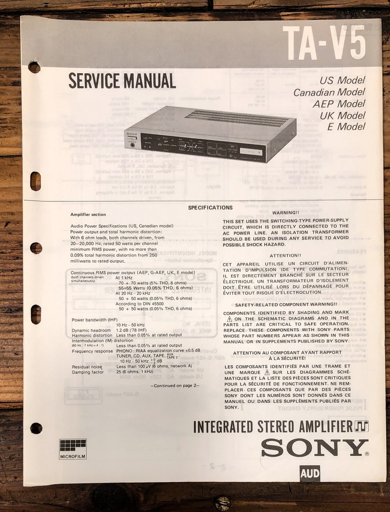 Sony TA-V5 Amplifier Service Manual *Original*