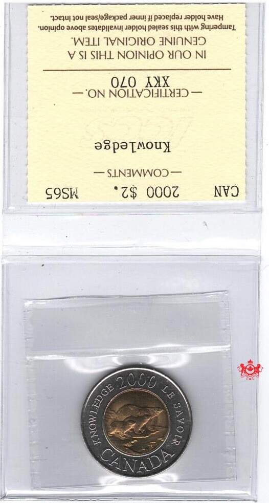 2000 Canada 2 Dollars Knowledge - ICCS MS65 - Stock Pictures