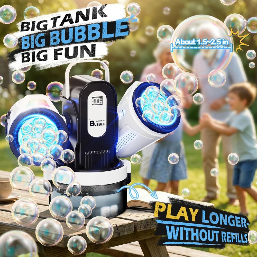 Dual-Engine Bubble Machine with RGB Lights & Remote Control, 150° Auto Rotation,