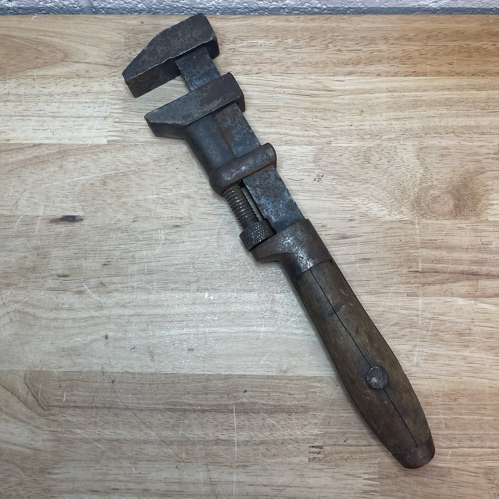 Antique Adjustable Monkey Wrench w/ Wooden Turn Handle