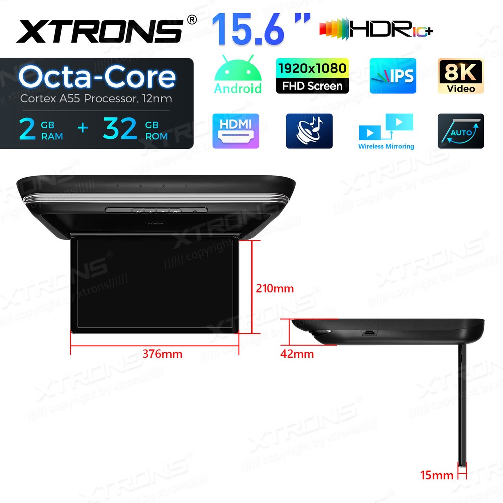 Android 15.6" Screen Car TV Overhead Player Octa Core Auto Flip Down HDMI WiFi