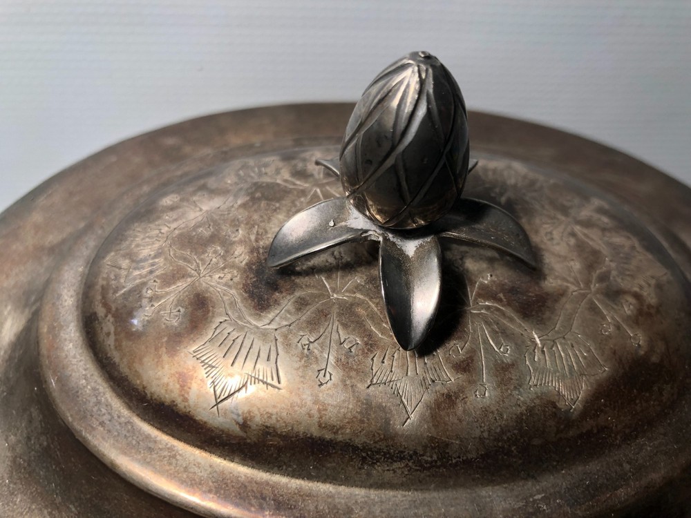Vintage Silver Plate Copper Tea Caddie Container Engraved Design
