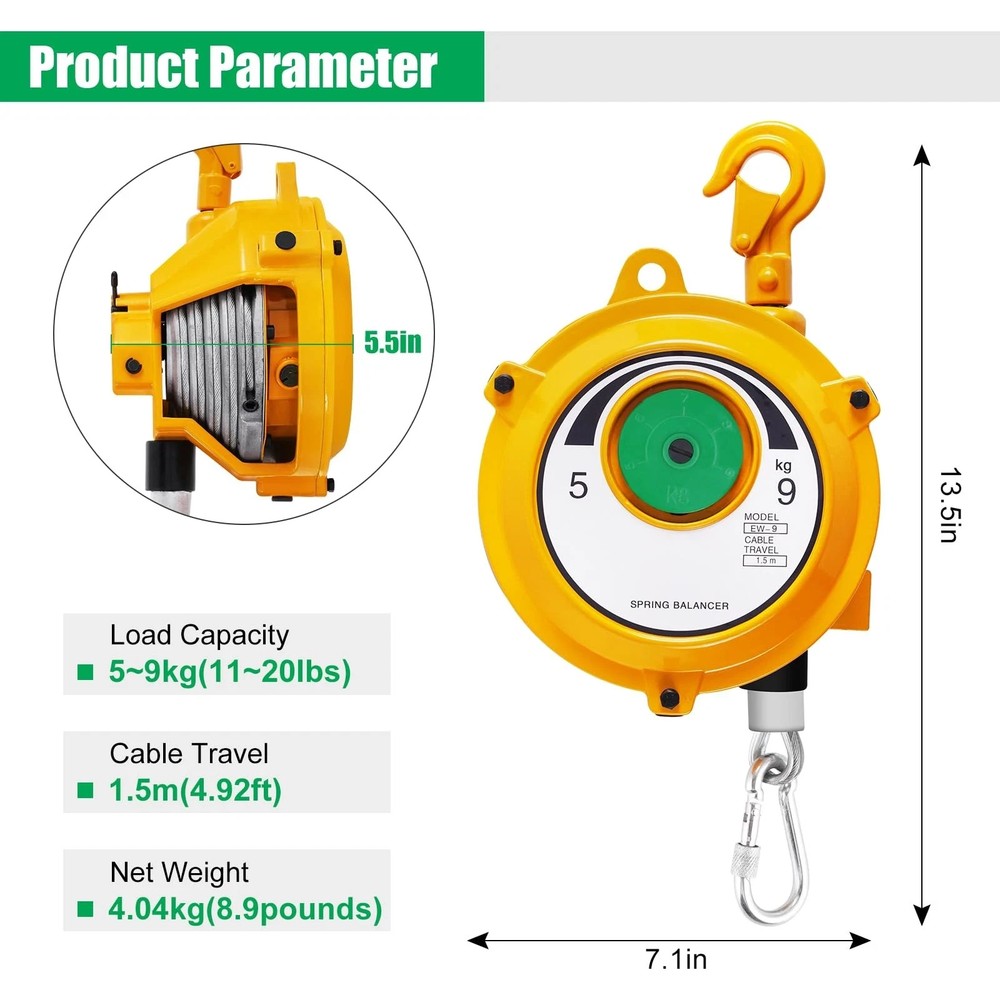 Retractable Spring Balancer 5~9kg(11~20lbs) Hanging Tool Spring Balancer 1.5m