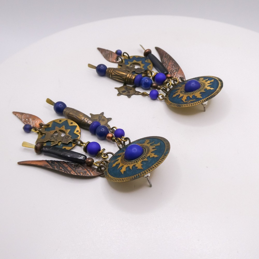 Native American Copper Katchina Turtle Drop Dangle Blue Sun 3.5" Earrings
