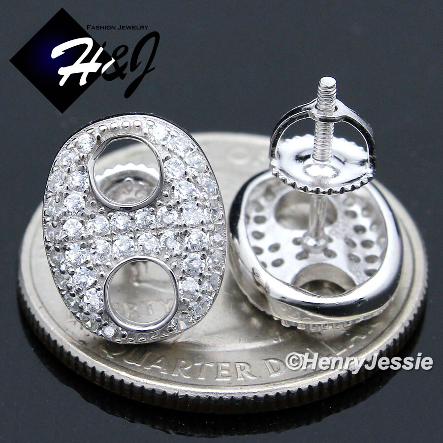 MEN SOLID 925 STERLING SILVER ICY BLING CZ MARINER LINK 3D STUD EARRING*E188