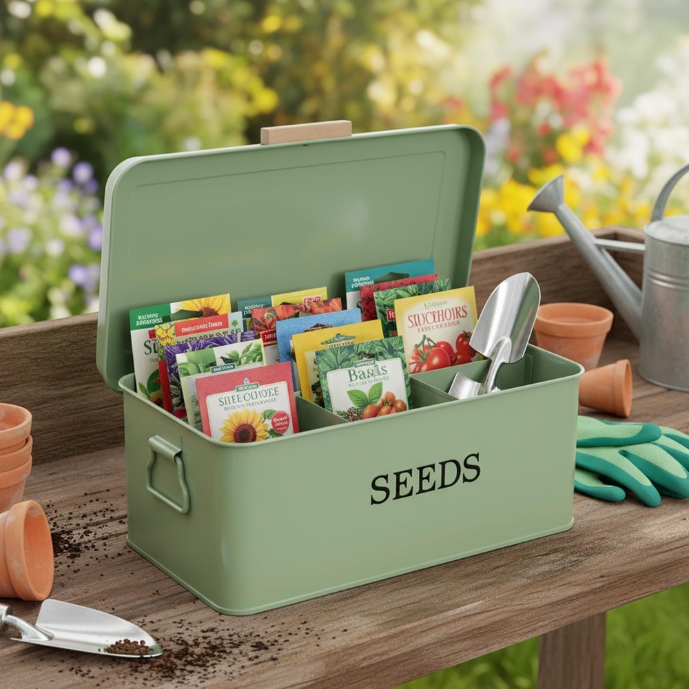 Seed Storage Organizer,Metal Seed Saving Box with Lid,4 Compartments Box with...
