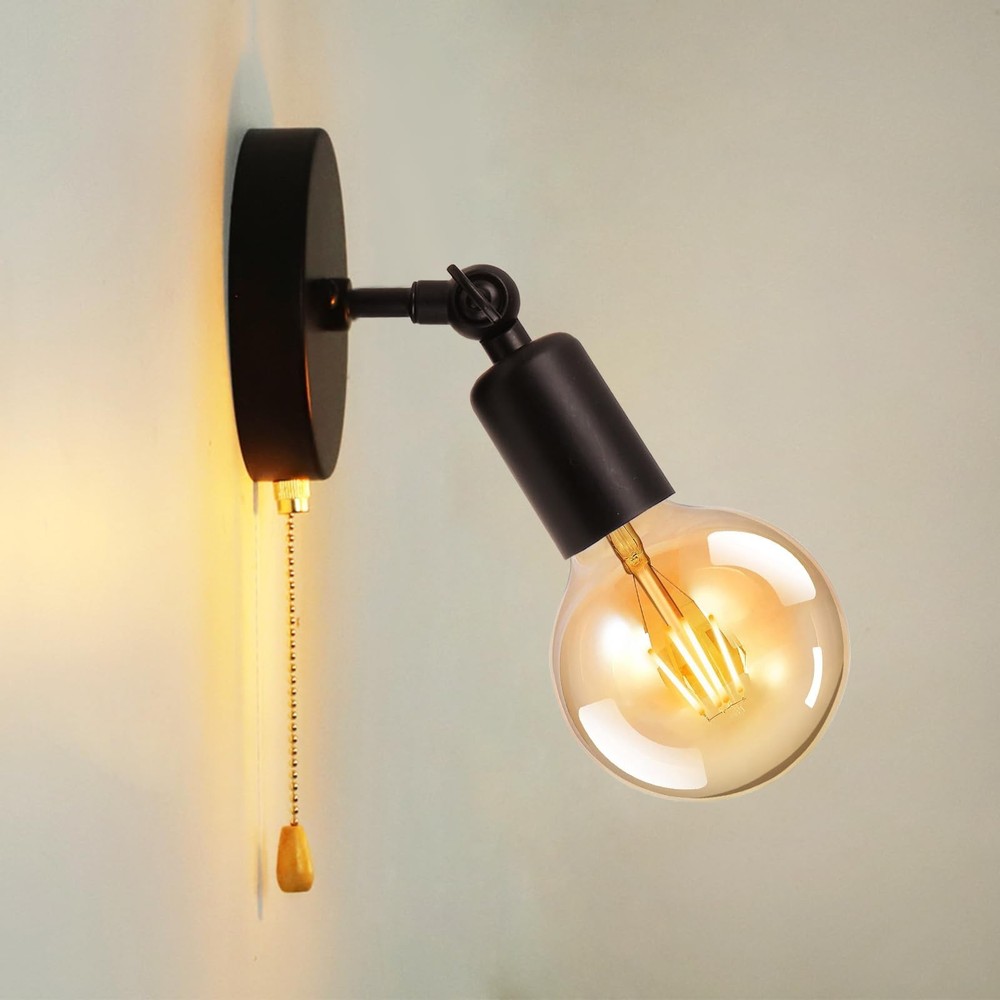 Adjustable Retro Wall Sconce Light with Pull Chain Switch Vintage Black Wall ...