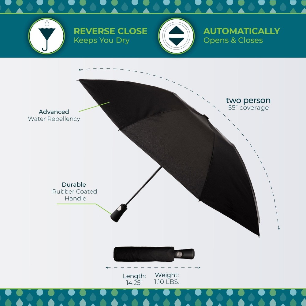 Totes Auto Open Reverse Close Windproof Compact Inbrella 46" Canopy, Black