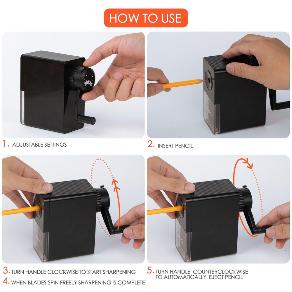 Marie's Long Point Manual Pencil Sharpener, 5-Level Adjustable Hand Crank Sha...