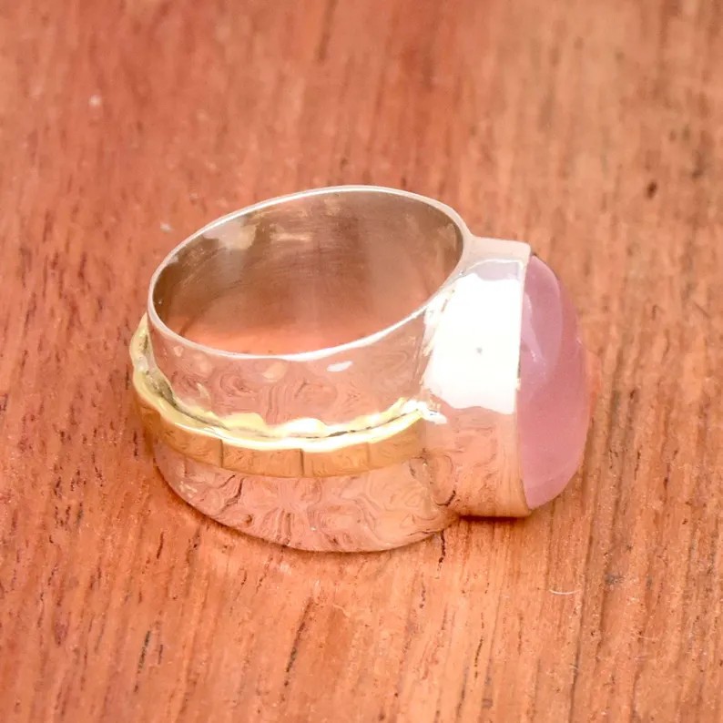 Solid 925 Sterling Silver Rose Quartz Oval Gemstone Hammered Wide Band Ring