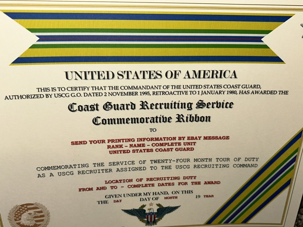 COAST GUARD RECRUITING SERVICE COMMEMORATIVE CERTIFICATE ~ W/PRINTING TYPE-1