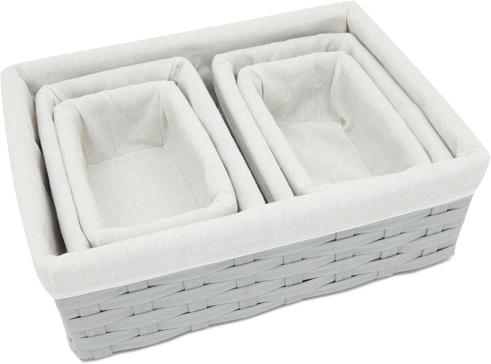 Wicker Nesting Baskets W/ Cloth Lining 5-Pack Gray Rectangular Set Stackable