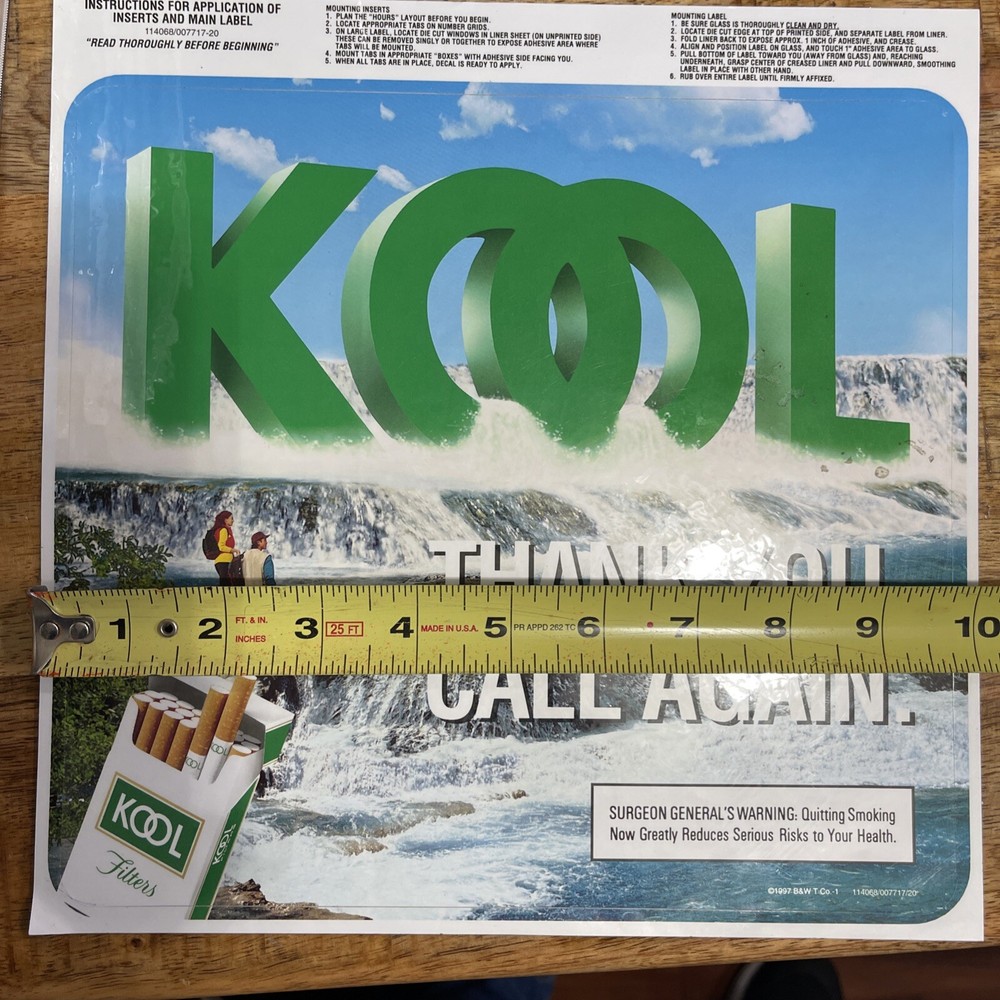 Kool Cigarettes Store Hours Window Decal 1997 New / Never Used