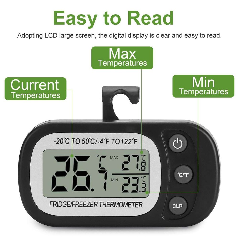2pc Refrigerator Thermometer Digital Fridge Freezer Waterproof Large LCD Display