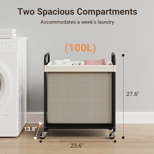 Laundry Hamper 2 Section, 100L Rolling Laundry Sorter with 2-Section Beige