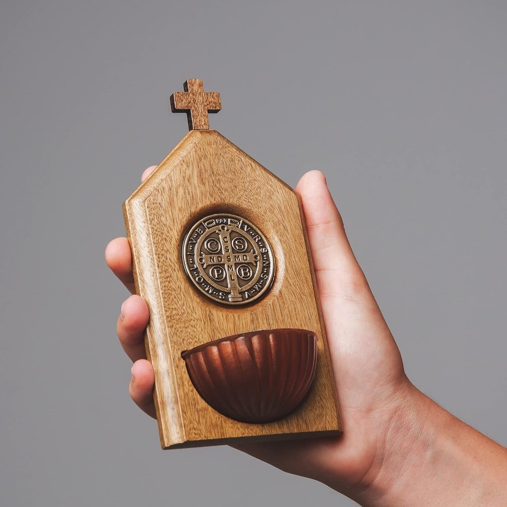 Wooden Holy Water Font - St Benedict