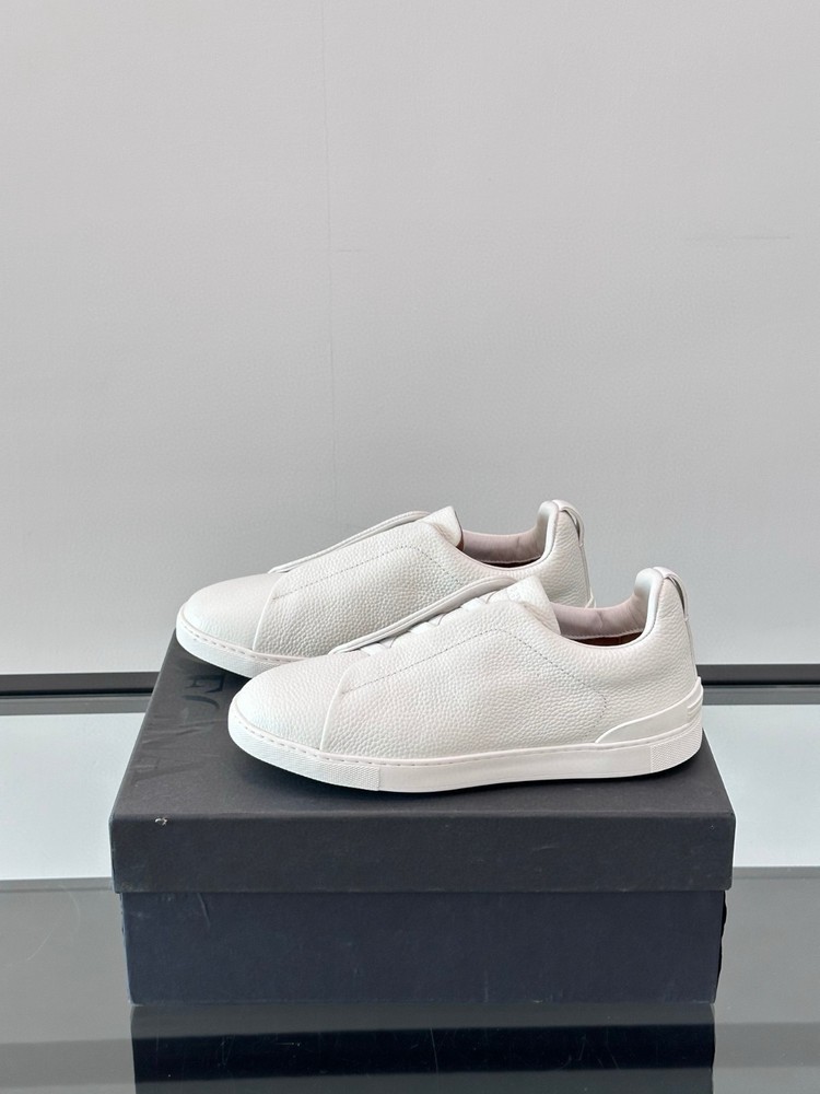 ZEGNA Triple Stitch White Grained Leather Sneakers Full Sizes