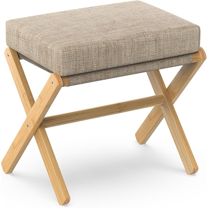 Foldable Bamboo Footrest Padded Ottoman Space Saving Foot Stool Easy Assembly US