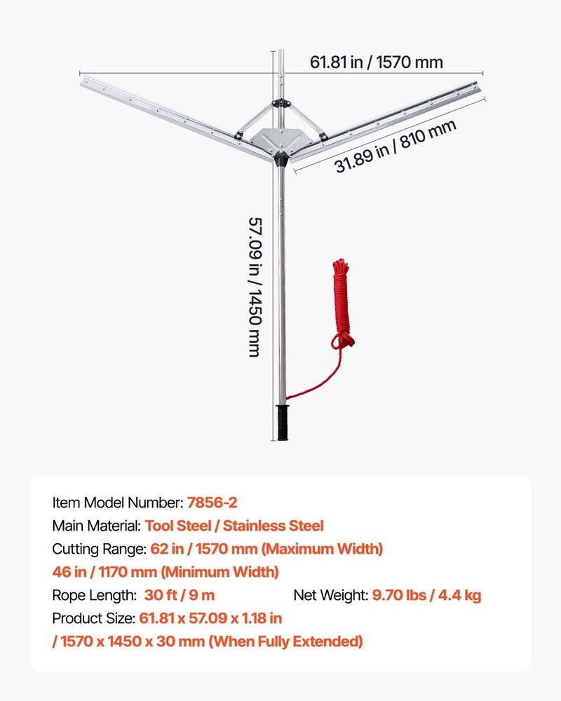 Adjustable 62in Pond Weed Cutter with Sharp Stainless Blades & 30ft Rope