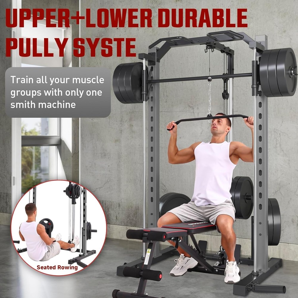 Smith Machine, Multifunctional Power Cage Rack with Barbell Bar and Cable Row US