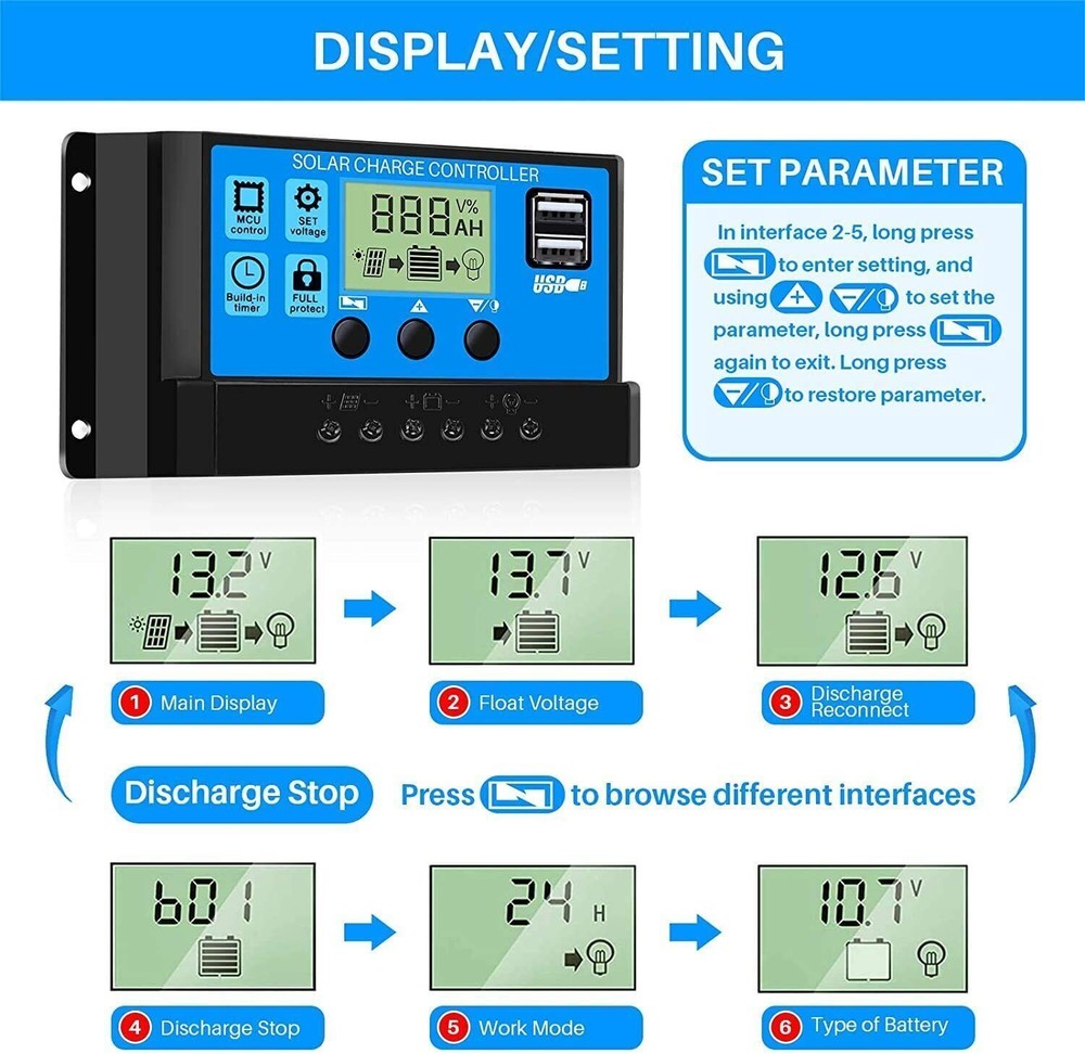30A PWM Solar Panel Charge Controller 12/24V Auto LCD Display Dual USB Timer Set