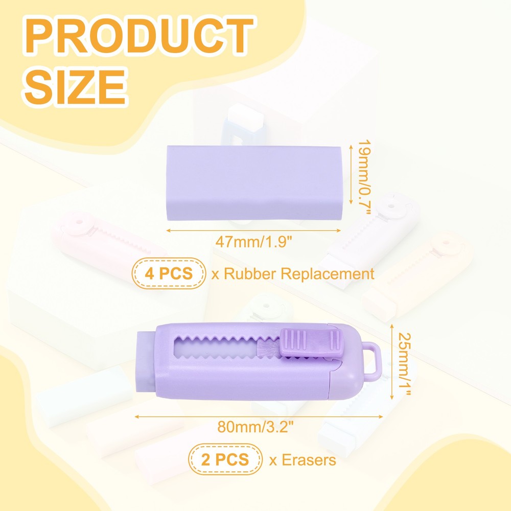 2+4Pack Erasers, Sliding Retractable Eraser Push Pull Pencil Erasers, Purple