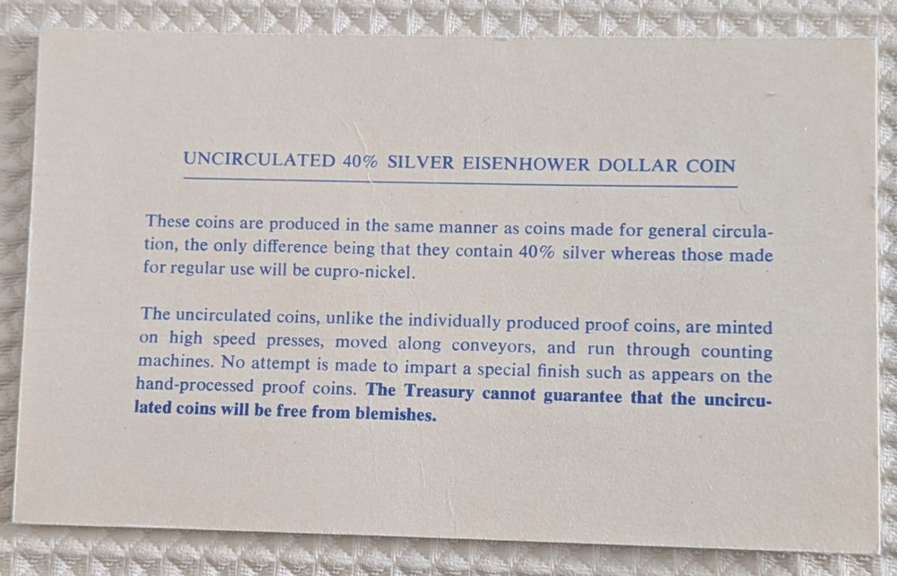 1974 S Eisenhower 40% Silver Dollar W/Blue Envelope & COA