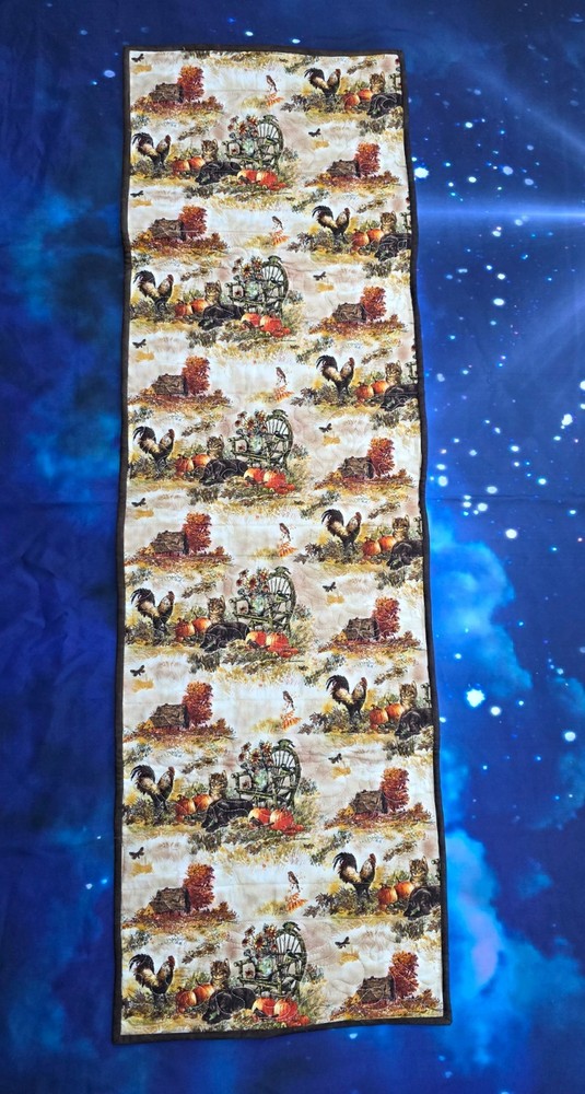 Handmade Quilted Table runner Thanksgiving Fall Autumn kittens chickens trees