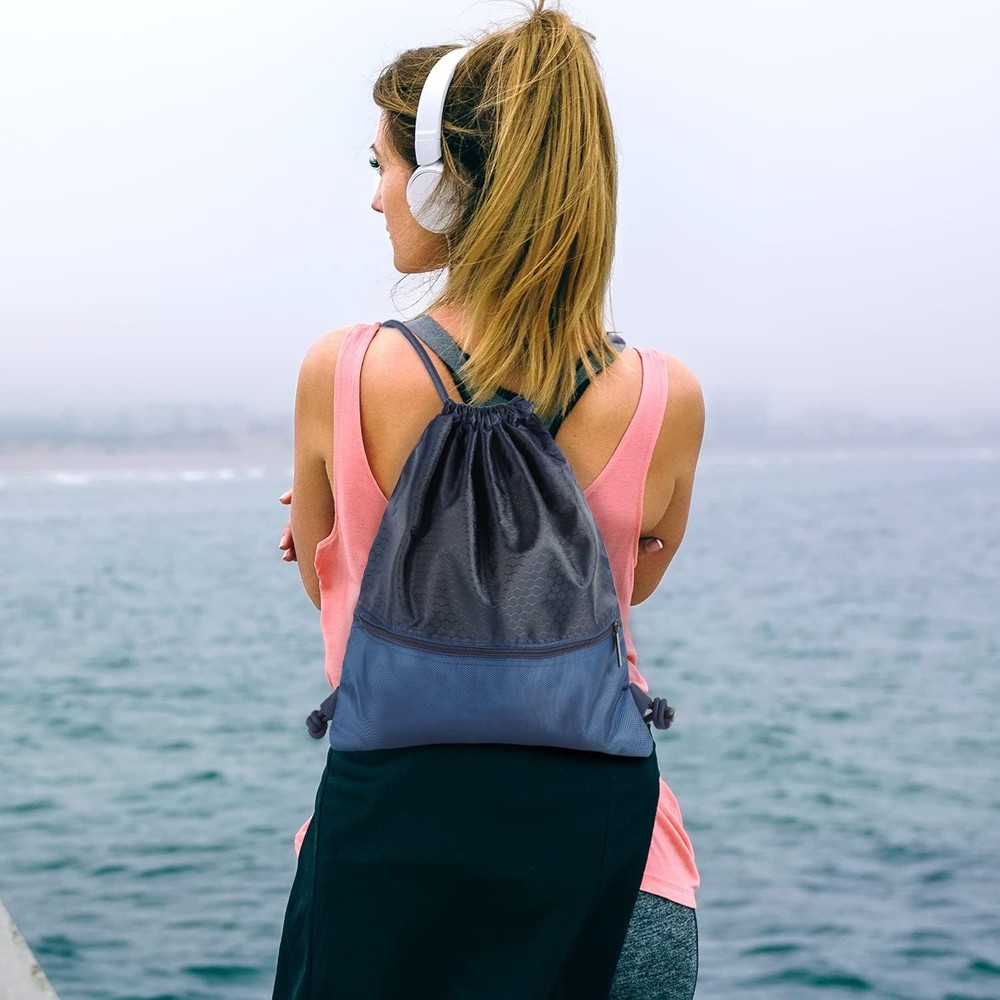Drawstring Backpack Bag, Waterproof Draw String One Size, Navy Blue, Upgraded