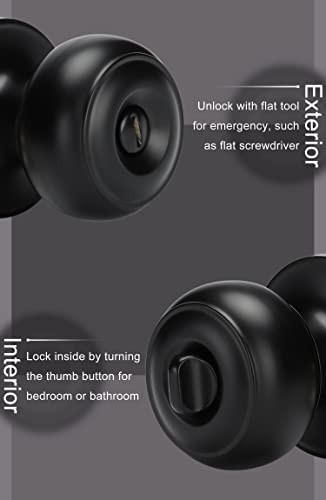 Matte Black Keyless Privacy Door Knobs - 6 Pack Interior Bedroom & Bathroom Knob