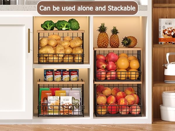 2PCS Stackable Wire Basket Organizer with Wood Top Kitchen Storage Fruit Bread
