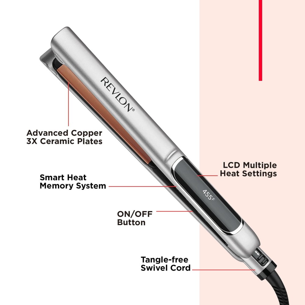 Revlon Extra Long Copper + Ceramic Plates 1" Flat Iron, Silver
