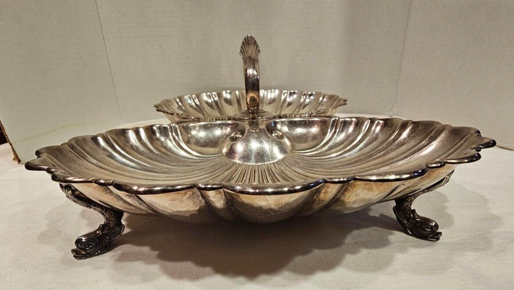 1922 AESTHETIC MIDCENTURY FISH & SHELL LG SOLID BUFFET SERVER CRESCENT SILVER