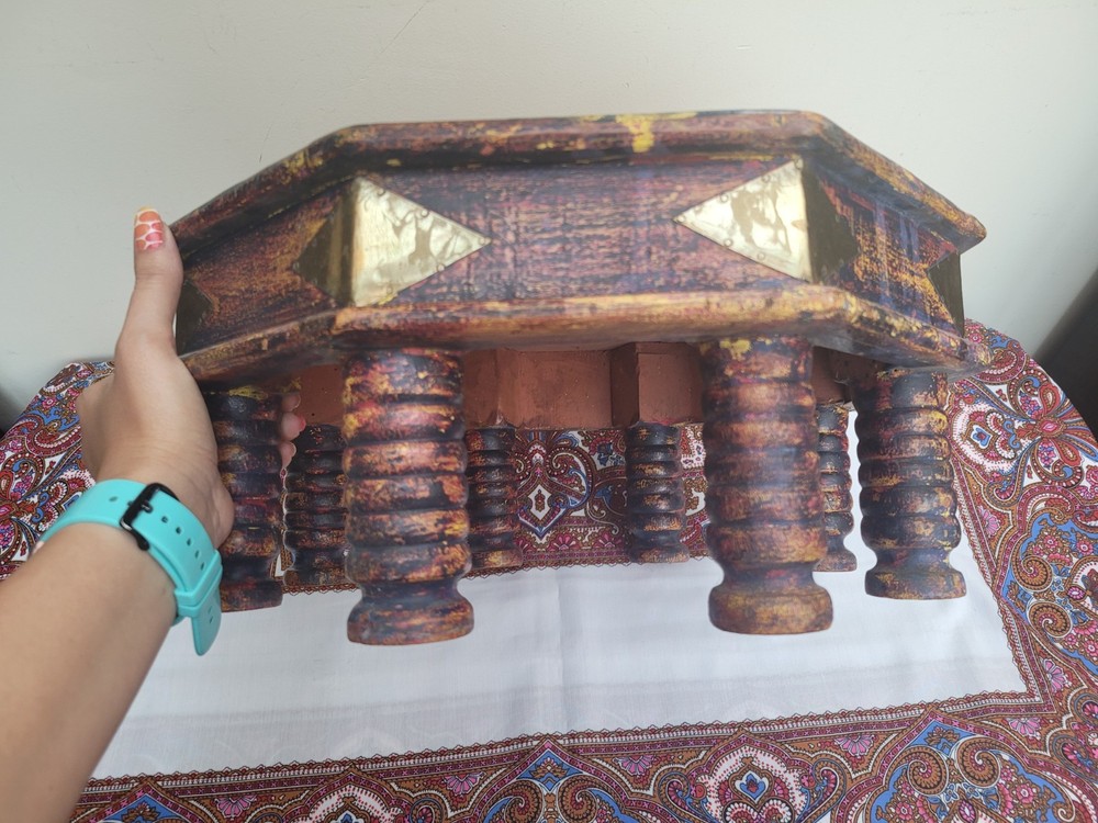 Old Style Anglo-Indian Low Bajot Table Octagonal Painted Boho Prayer Table