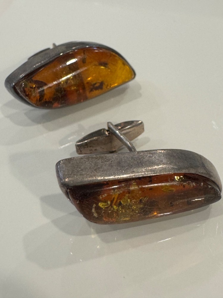 Amber and sterling silver midcentury cufflinks