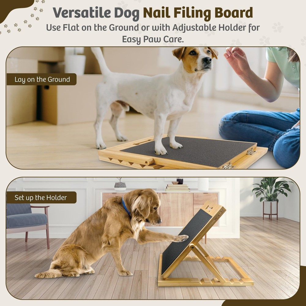 Solid Bamboo Dog Nail Scratch Board – 5 Adjustable Angles for Trimming & Fili...