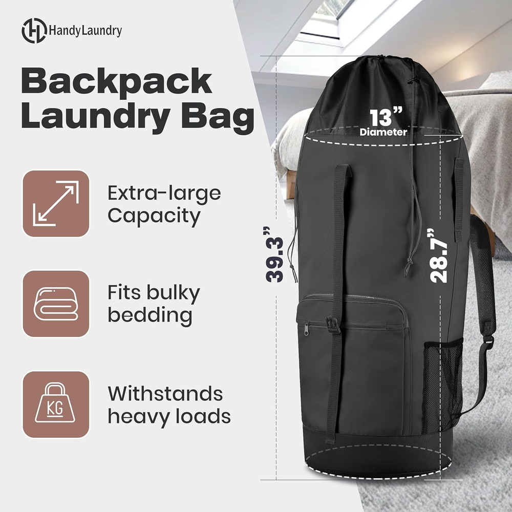 XL Heavy Duty Laundry Backpack - Adjustable Straps & Pockets - Black