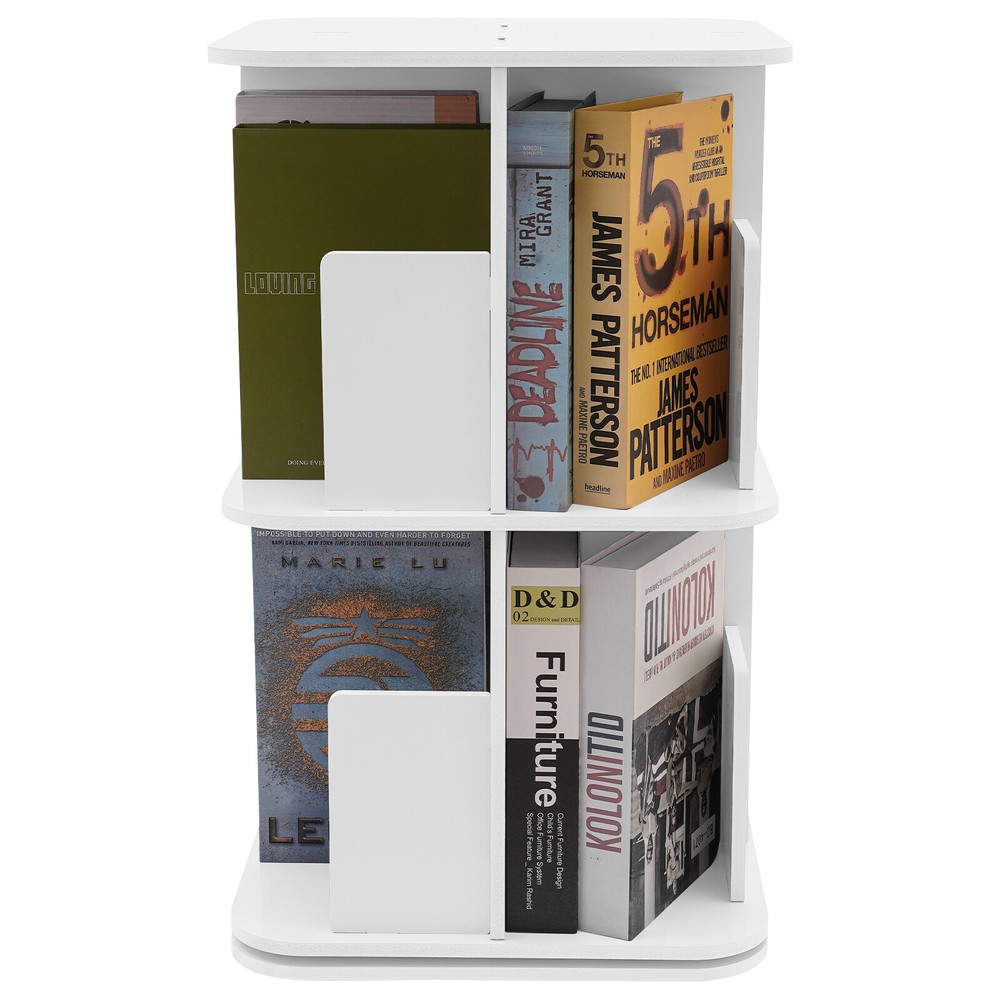 2-Tier Rotating Bookshelf - Compact White Bookcase for Corner Storage