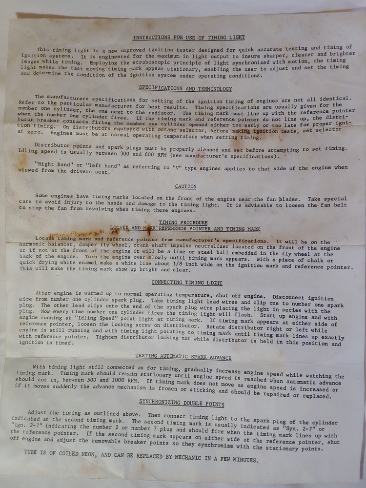 Vintage auto engine timing light with box and instruction sheet---UNTESTED