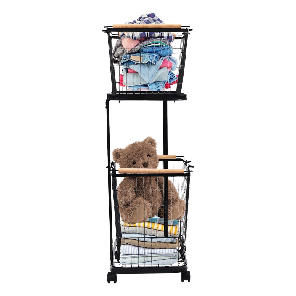 2 Tier Black Laundry Basket With Wheels Metal Rectangular Laundry Basket