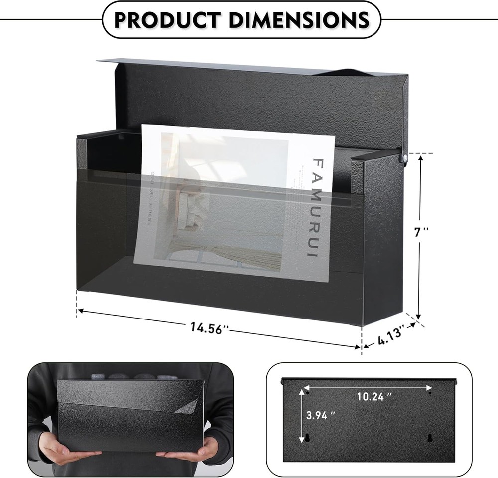 KYODOLED Wall-Mount Mailbox, Large Capacity Mail Box, Mailboxes Black Modern