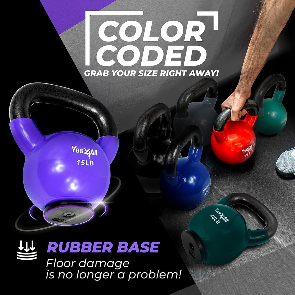 Durable Rubber-Bottom Kettlebell - Unisex Strength Training Weights 15lbs